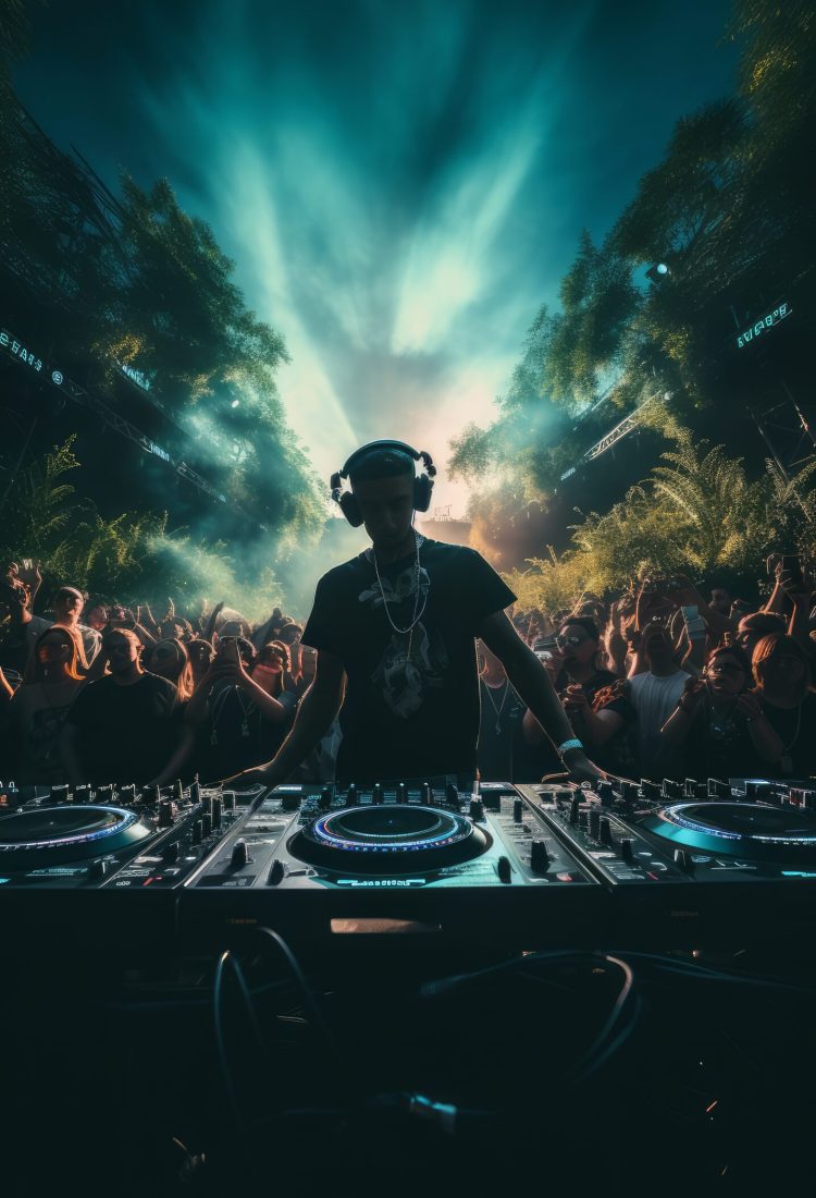 DJ performing in front of a lively crowd at a music festival. Generative AI